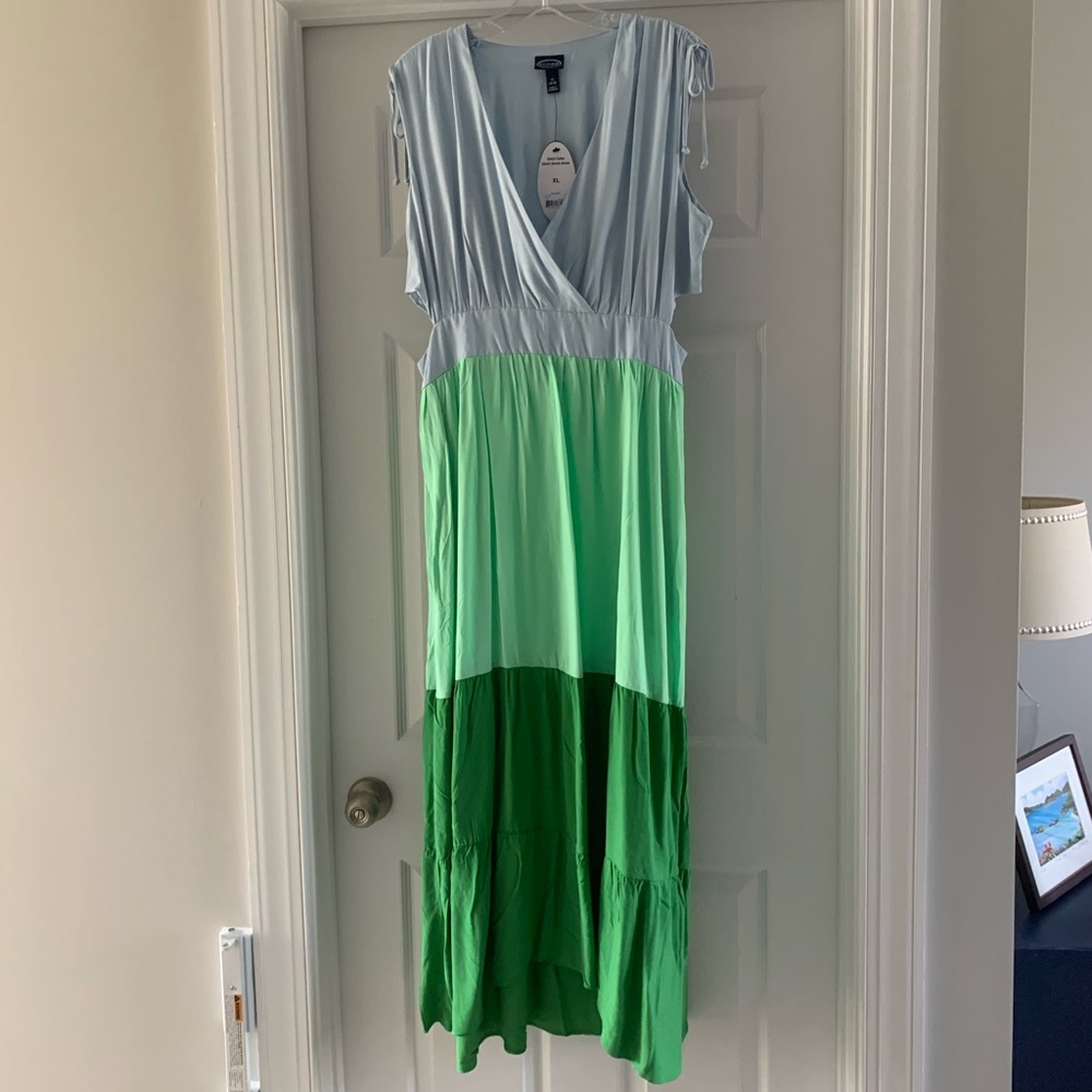 Three-Tone Green Maxi Dress with Tie Shoulders